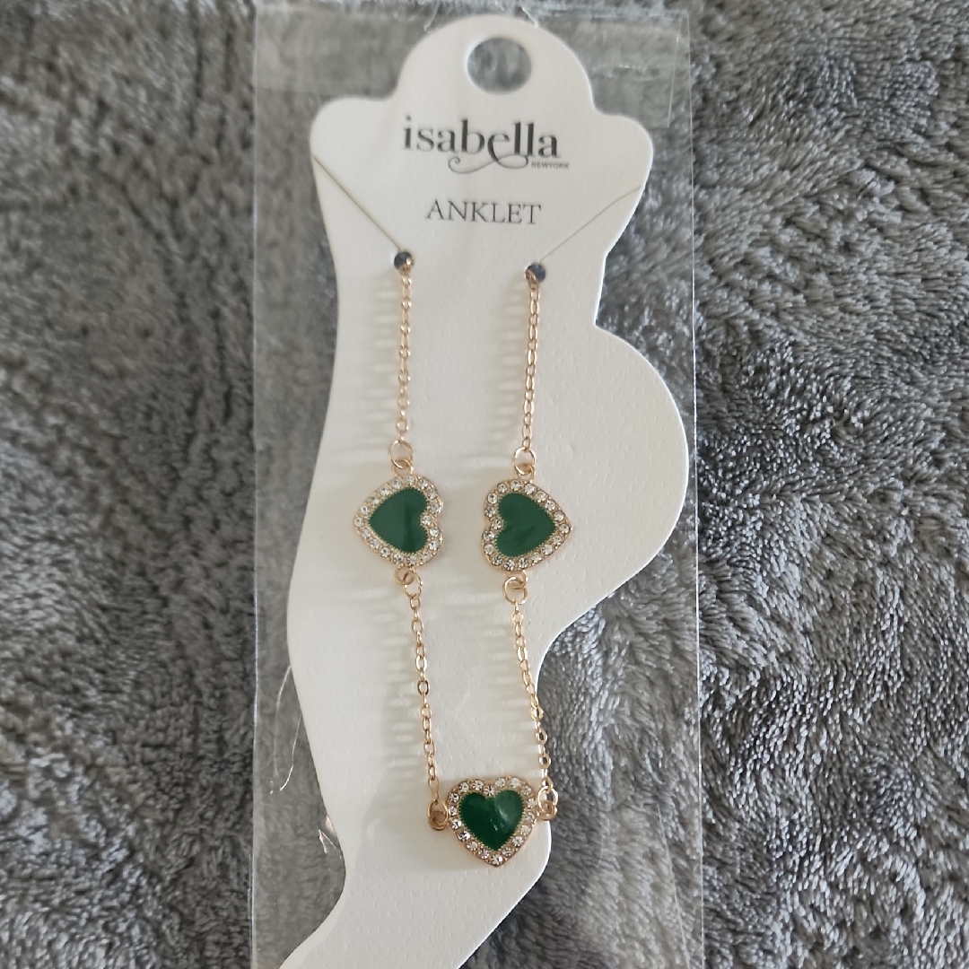 Isabella Gold Anklet With Green Heart Charms And Crystal Accents